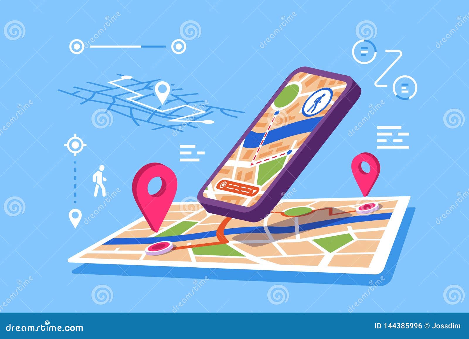 Location Maps Online Application Vector Illustration Modern Smartphone Opened App Geolocation Pins Possible Routes 144385996 