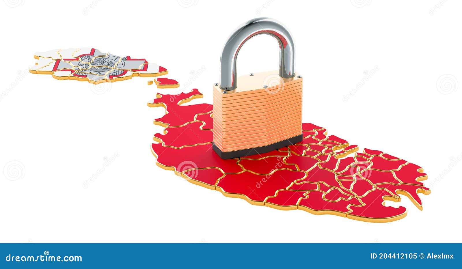 Lockdown in Malta. Padlock with Map, Border Protection Concept Stock