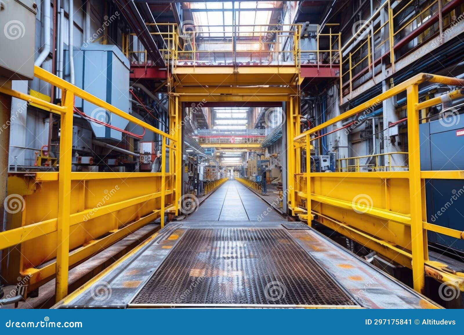 A Locked Factory Gate with an Empty Conveyor Visible through it Stock