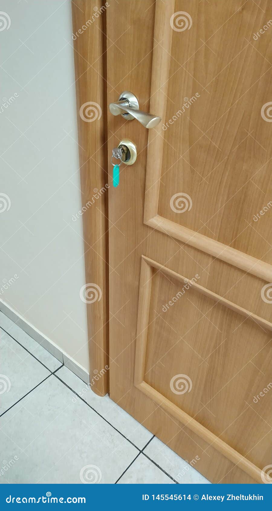 Locked Front Door with a Key in the Lock and Handle. Closeup Stock