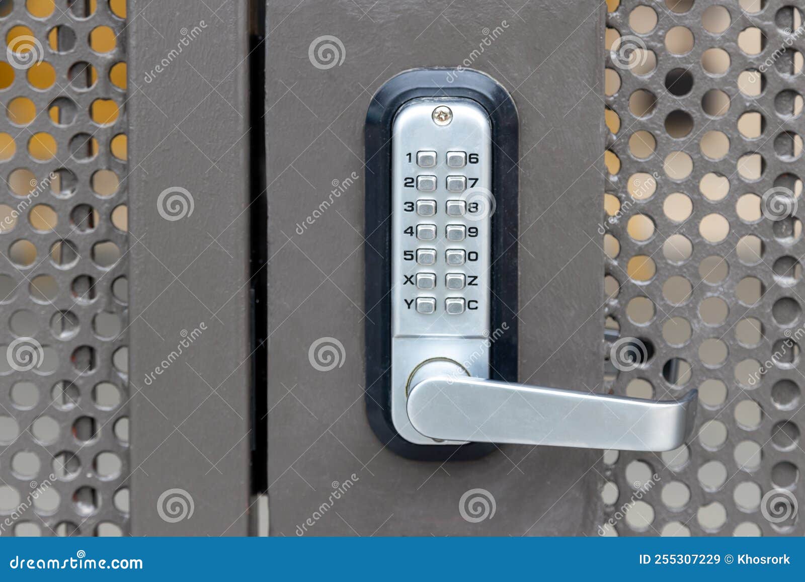 Locked private metal security gate door with push button combination