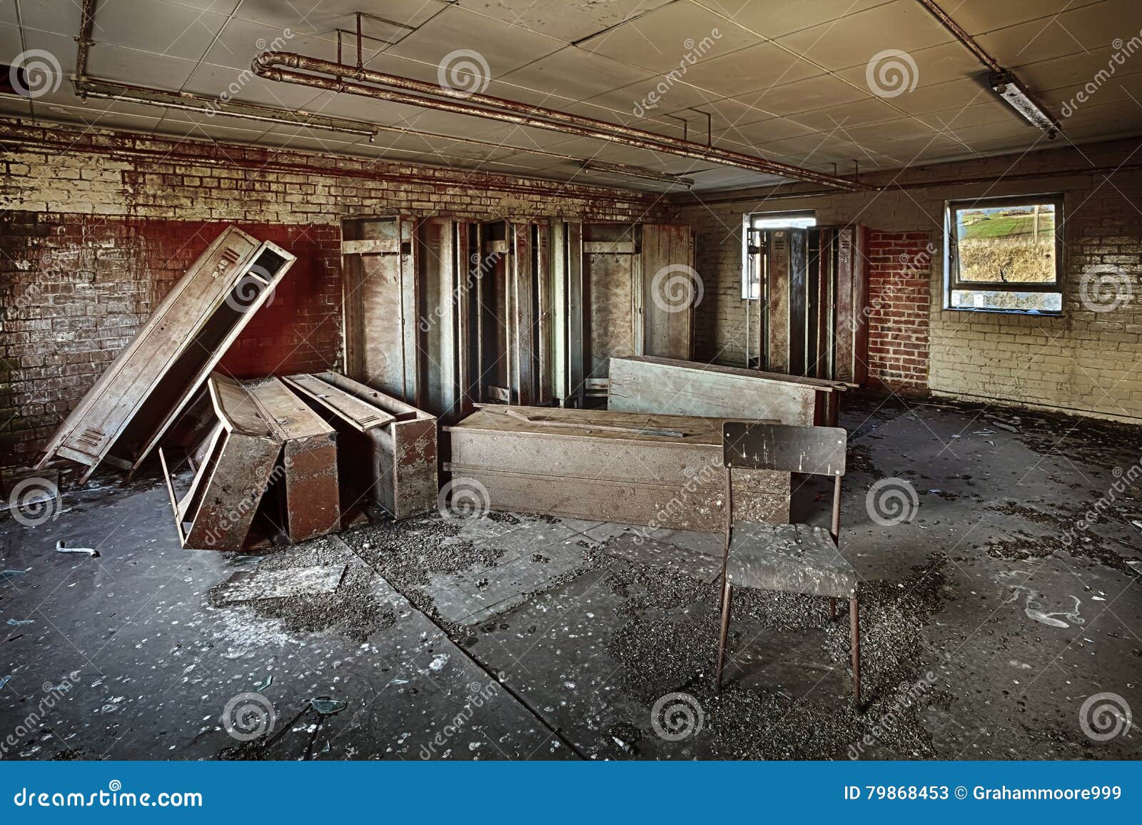 Derelict Locker Room With Wood Bench Abandoned Coal Fired Power Plant