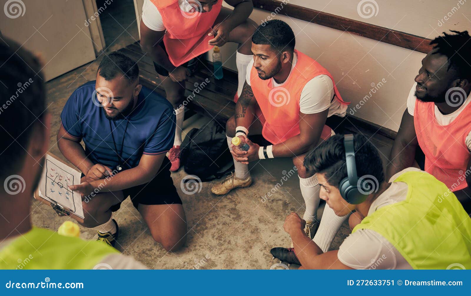 Locker Room, Strategy and Rugby Team with Coach in Discussion or Game