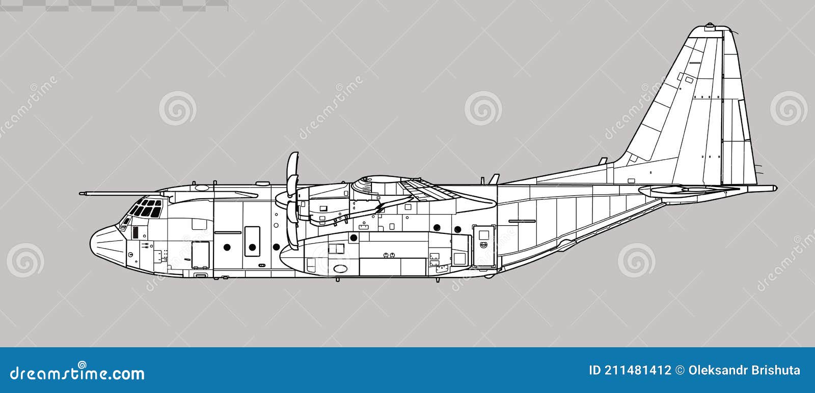 lockheed martin hercules c5, c-130j.  drawing of military transport aircraft.