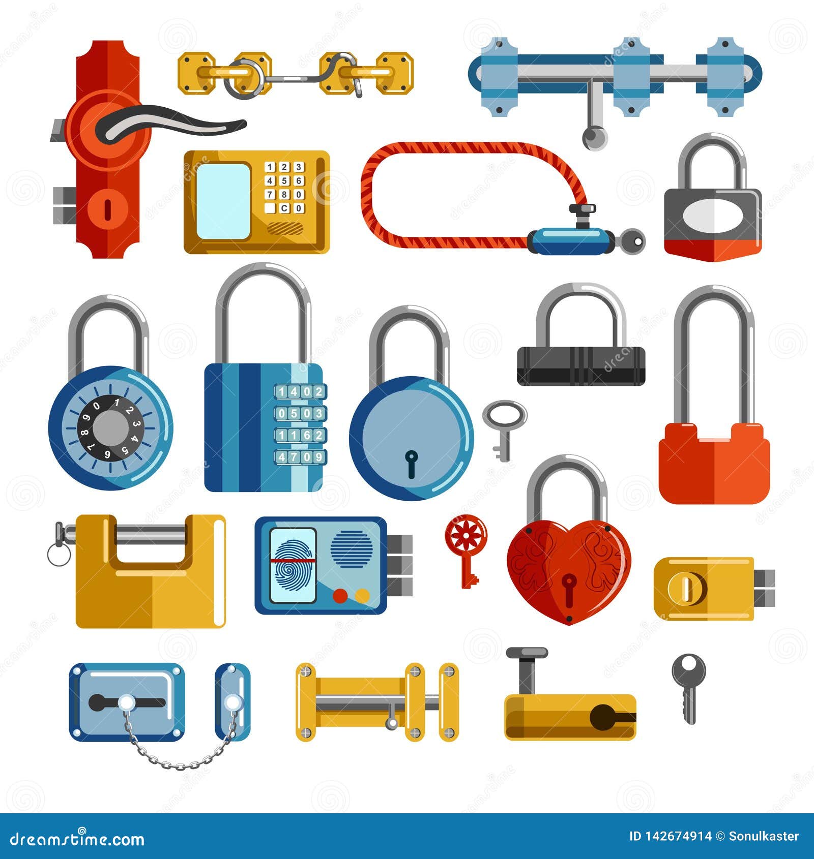 Locks And Door Handles Isolated Objects Keys Padlocks Stock Vector