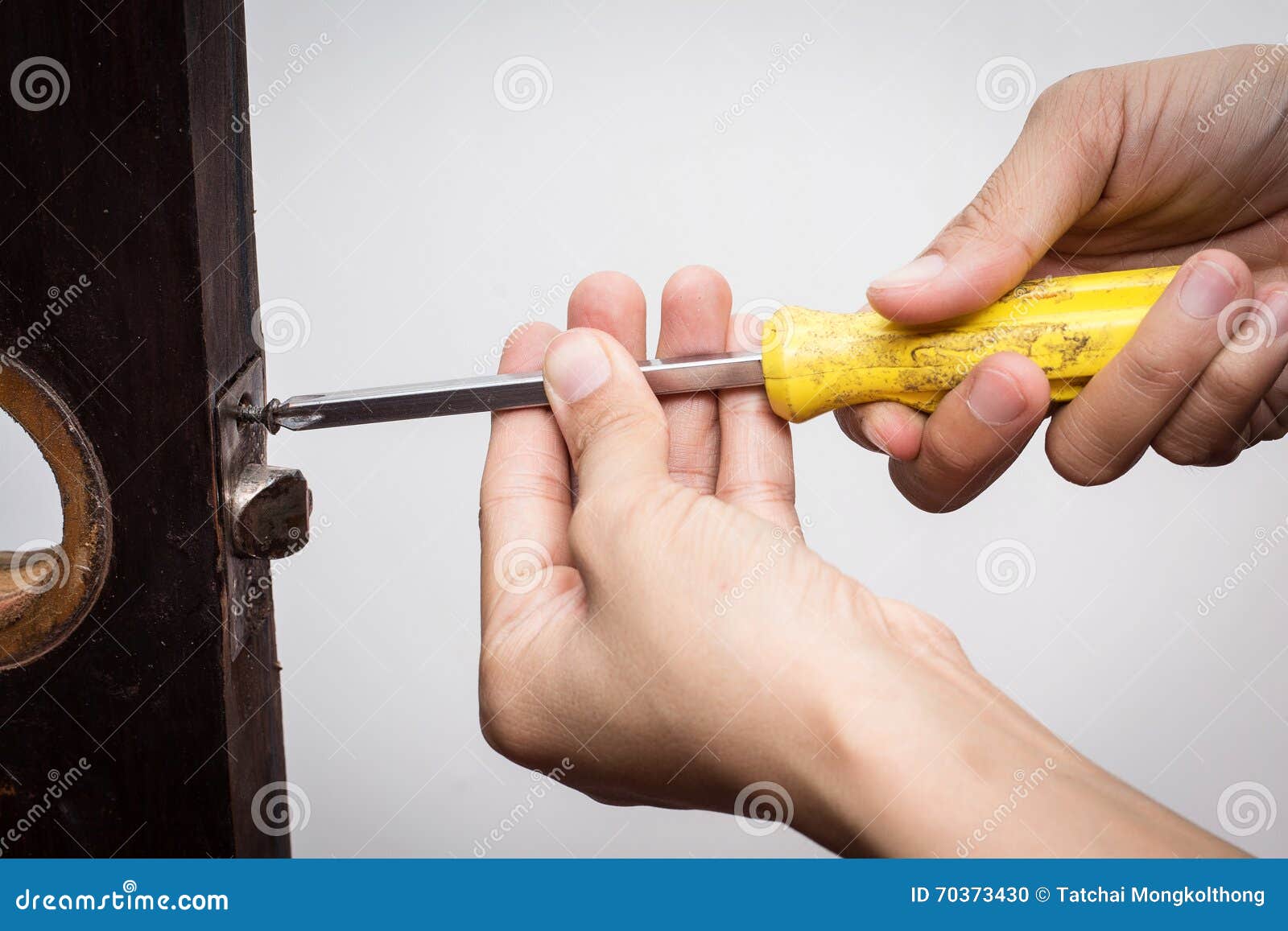 Locksmith Fix Lock on Wooden Door Stock Photo Image of repair, hand