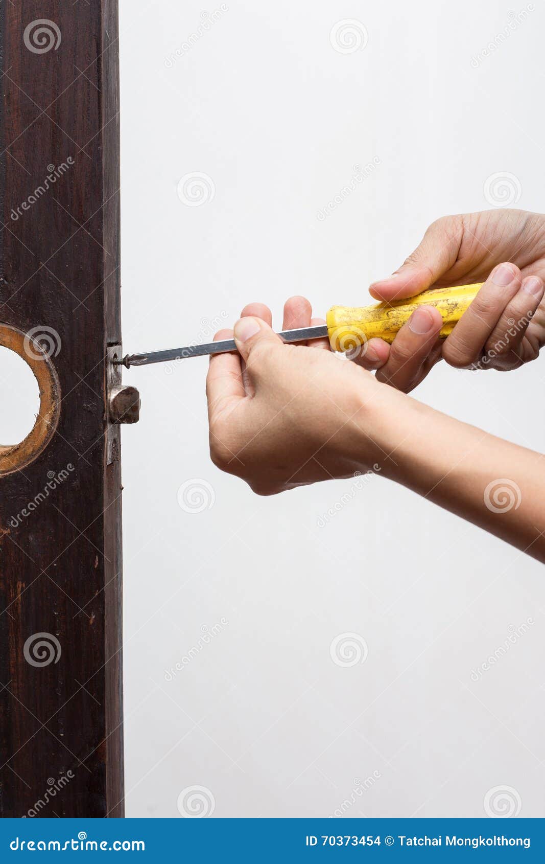 Locksmith Fix Lock on Wooden Door Stock Photo Image of equipment