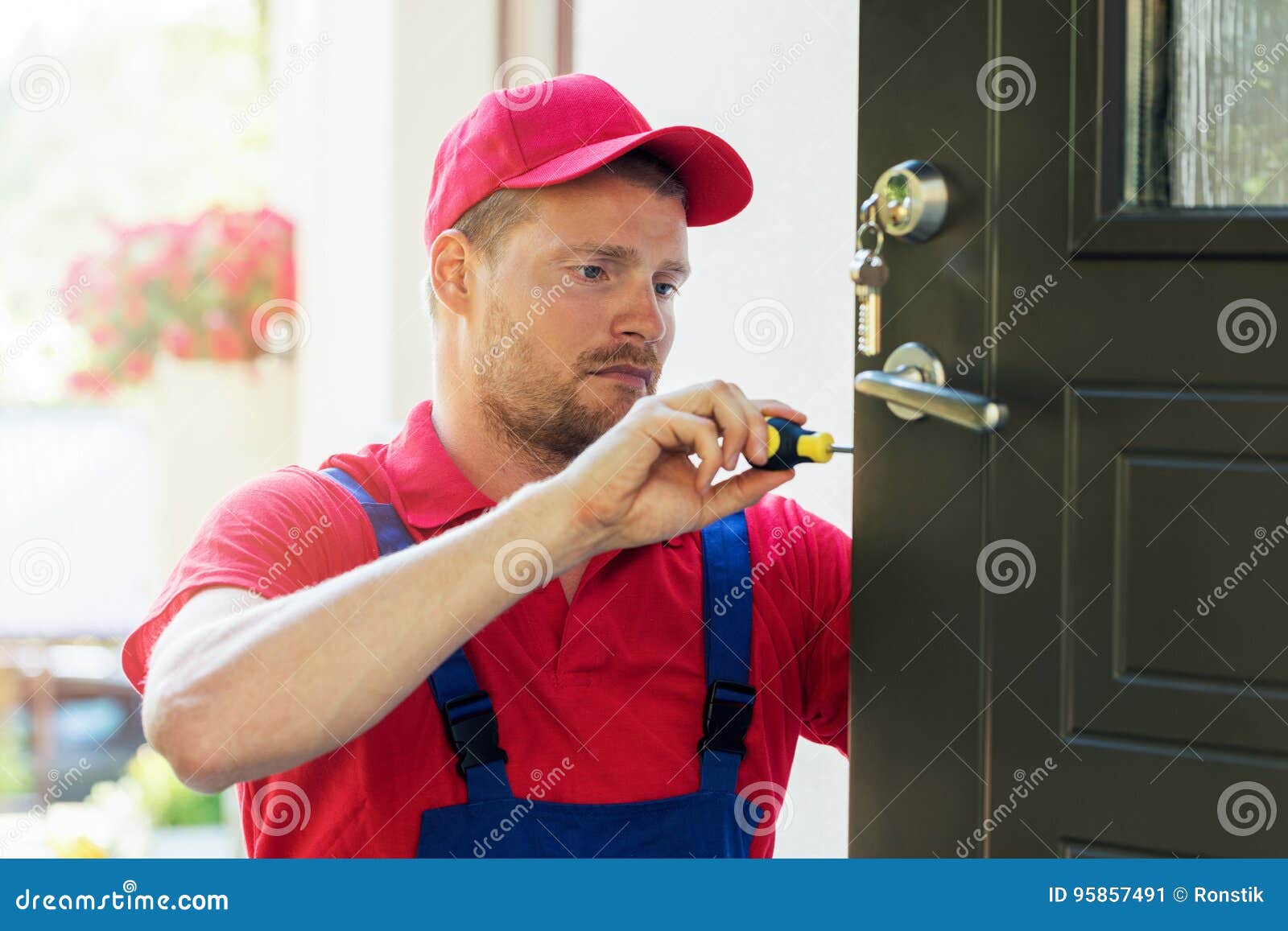 Locksmith in Installing New House Door Lock Stock Image Image of construction, young 95857491