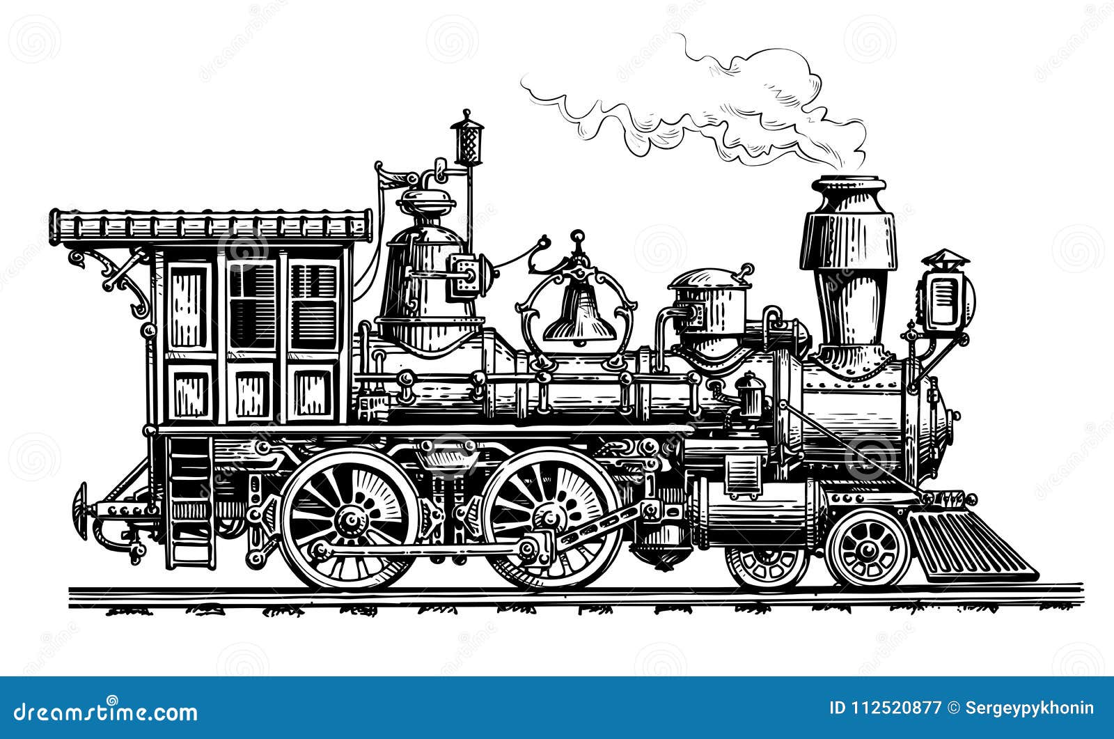 Gravado vintage, desenhado à mão, locomotiva antiga ou trem com vapor na  ferrovia americana. transporte retro . imagem vetorial de ArthurBalitskiy©  157835236