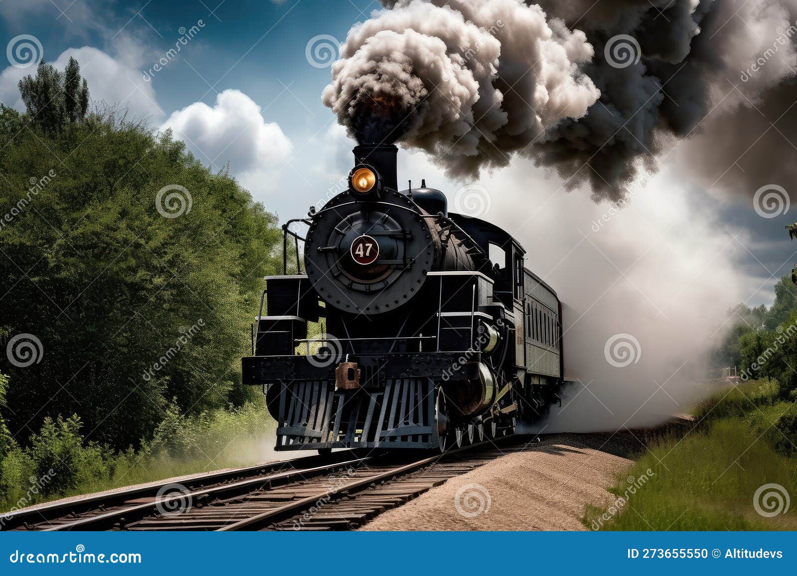 Locomotora De Vapor Vintage Que Se Atrapa a Lo Largo De La Pista Con Humo  Nublado Y Silbidos Stock de ilustración - Ilustración de ferrocarril,  generativo: 273655550
