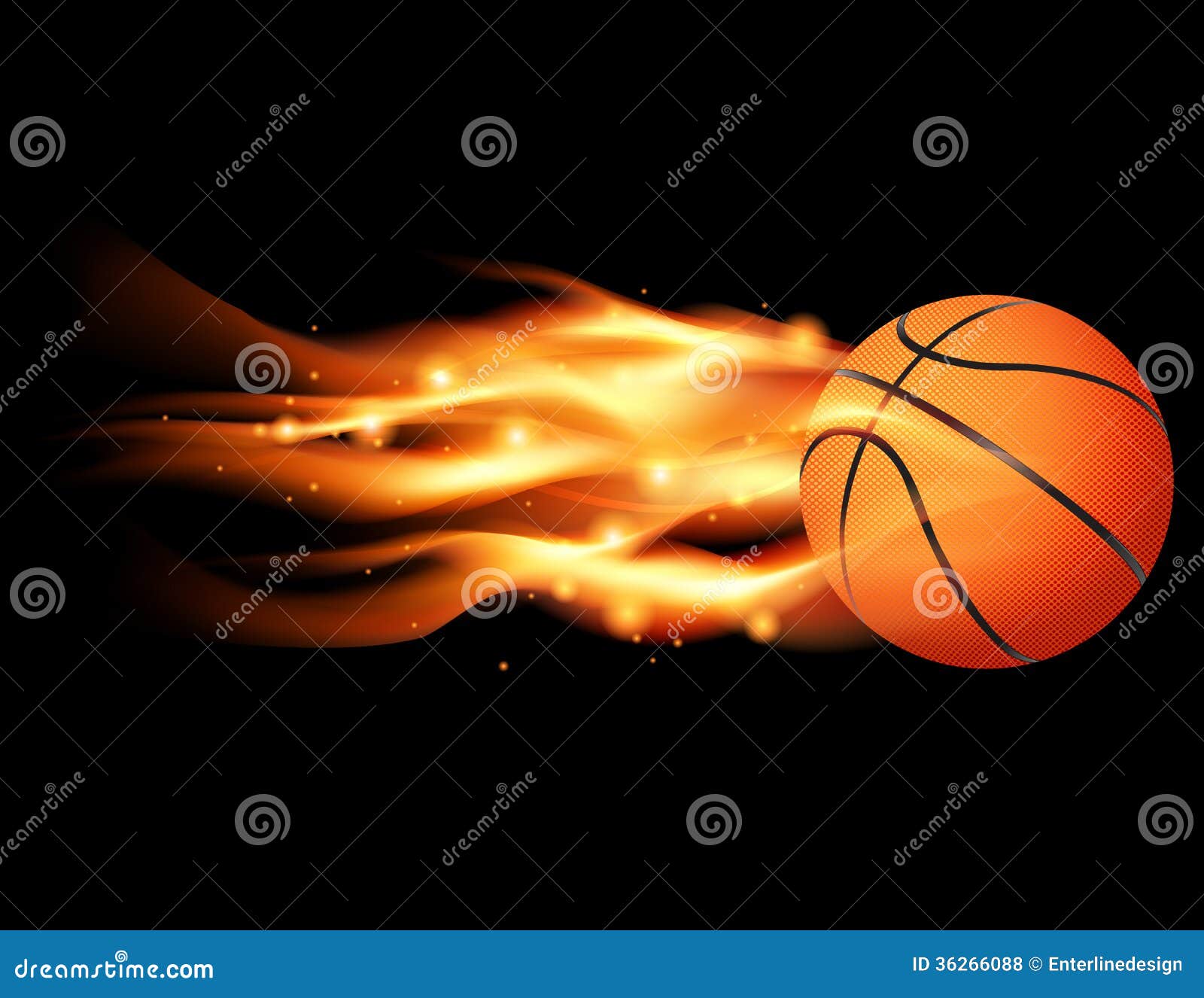 Lodernder Basketball. Eine Illustration eines lodernden Basketballfliegens durch einen schwarzen Hintergrund. Datei des Vektors ENV 10 verfügbar. ENV enthält Transparenz und Steigungsmasche.