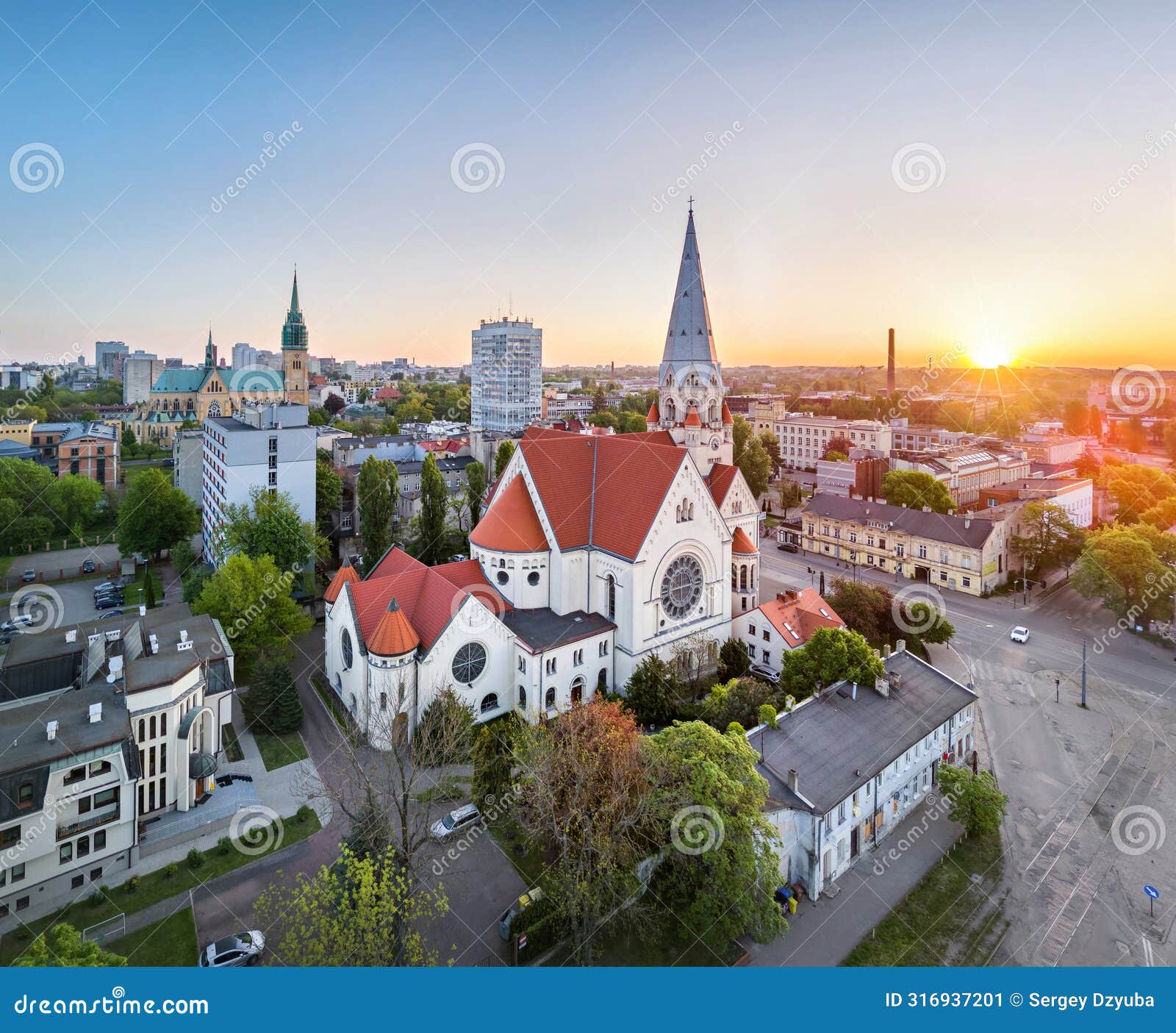 aerial view of st. mathew church in lodz