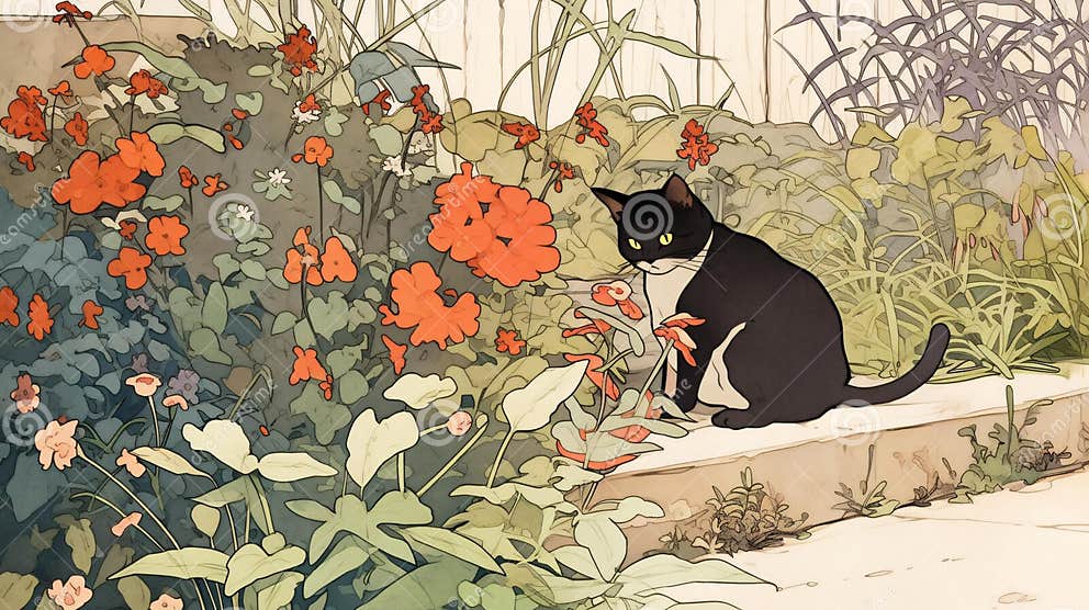 Lofi Cat in Nature Garden, Anime Style Illustration Background ...