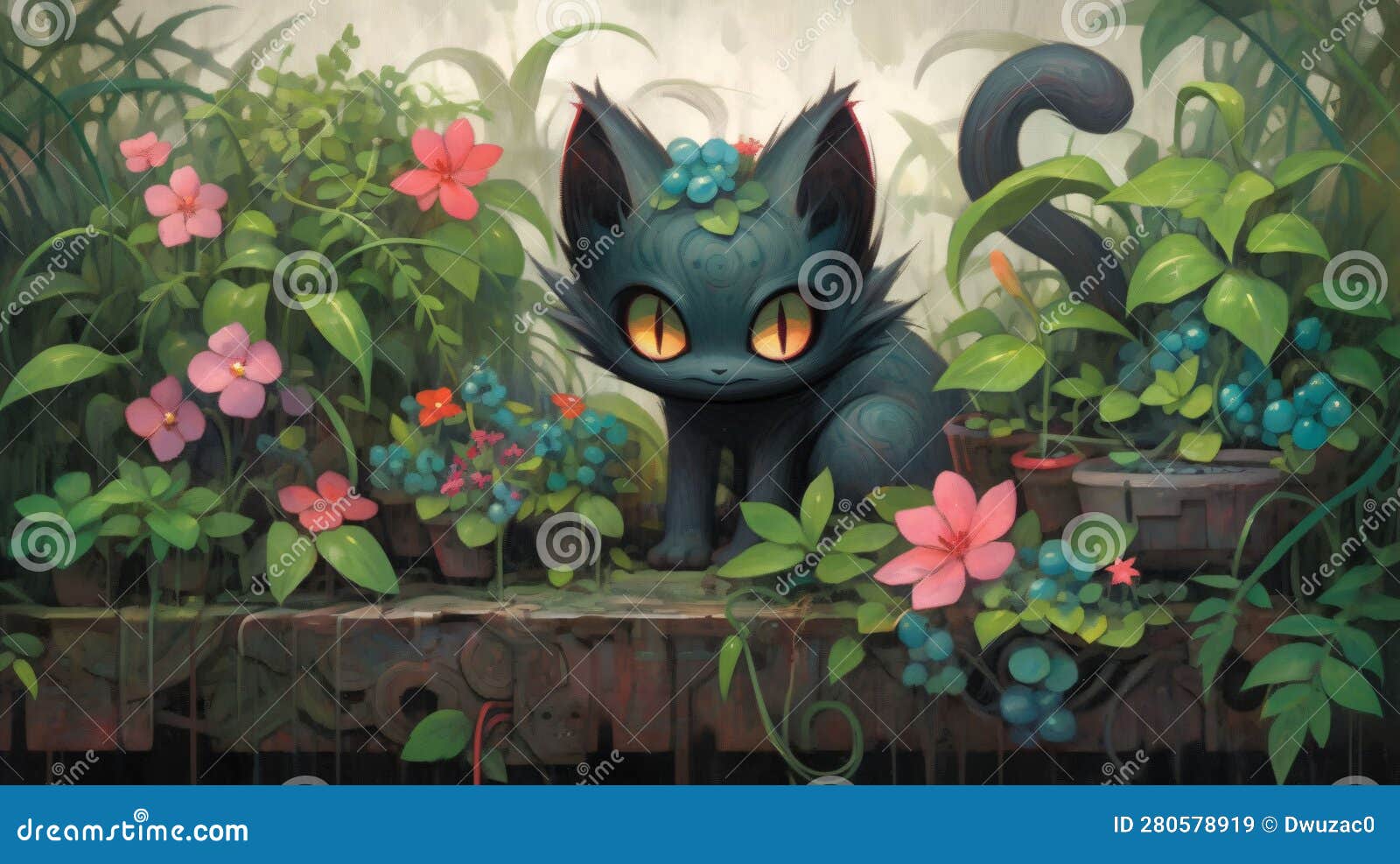 Lofi Cat in Nature Garden, Anime Style Illustration Background
