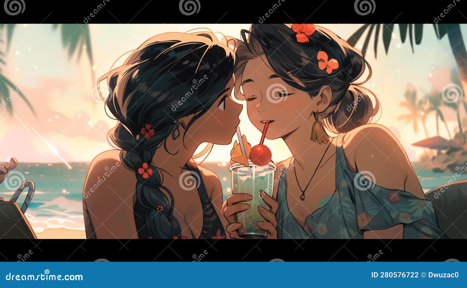 Kiss of two girls in love anime style. Generative AI Content. Stock  Illustration