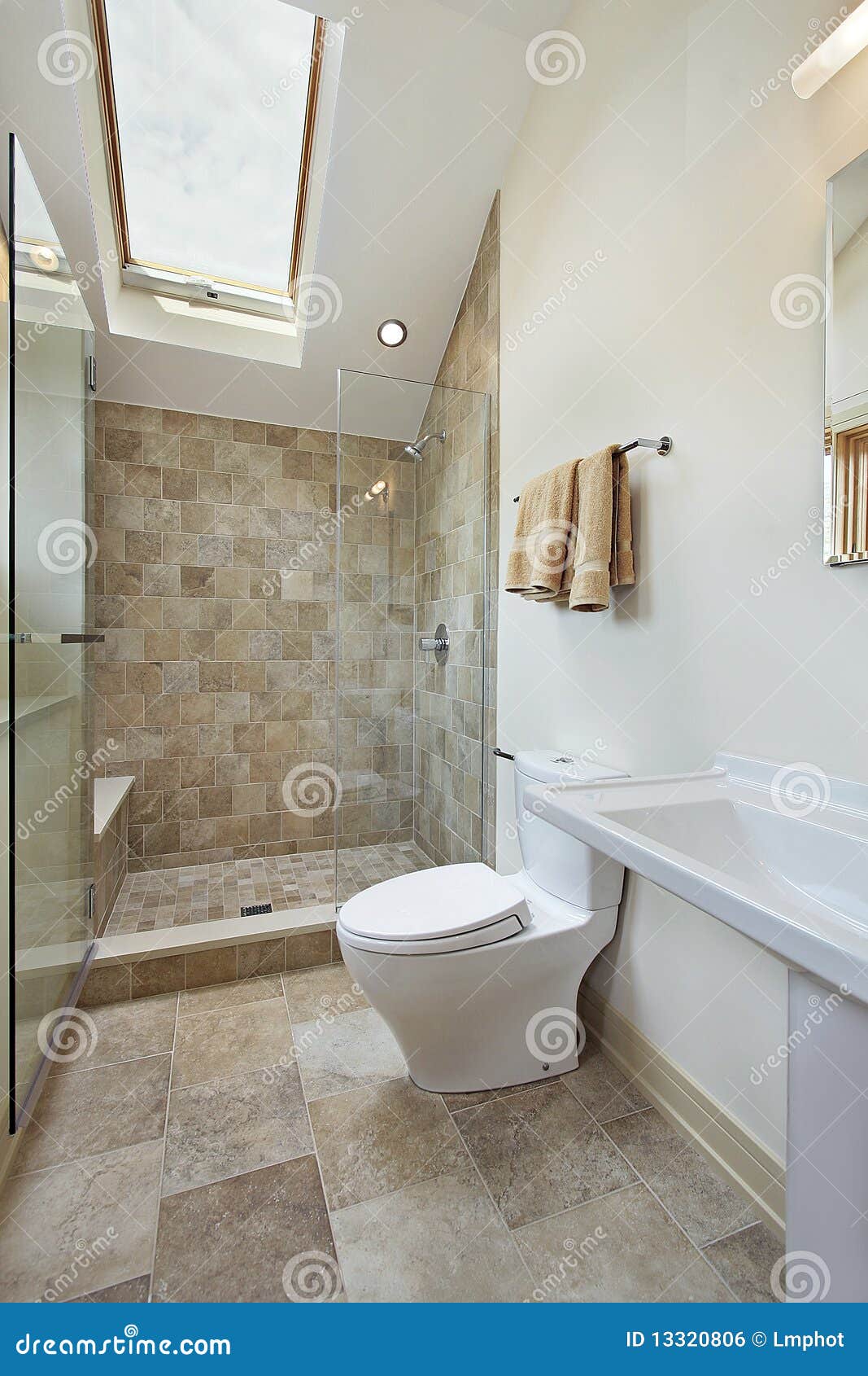 Loft Bathroom with Skylight Stock Photo - Image of bath, shower: 13320806, image size:1067x1690