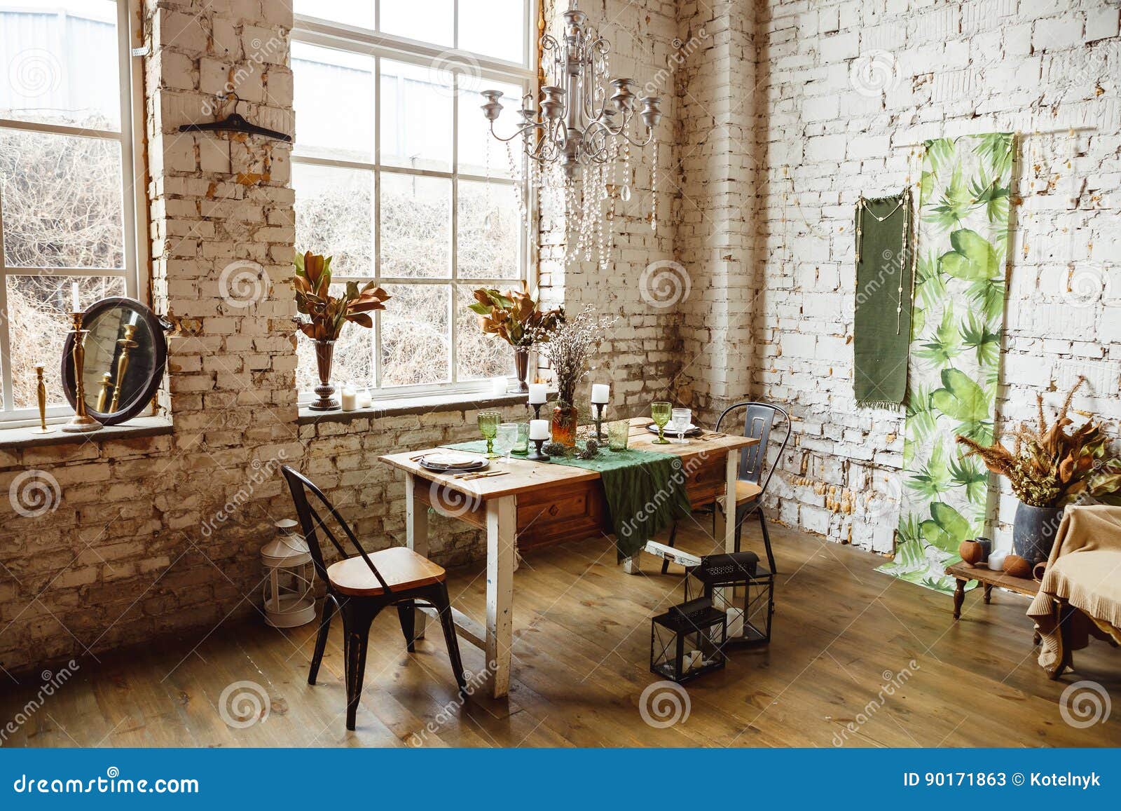 Loft Interior with Brick Wall, Table and Chairs Stock Image Image of