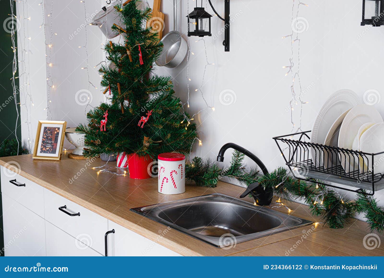 Loft Style Interior White Kitchen with Christmas Decor, Xmas Stock