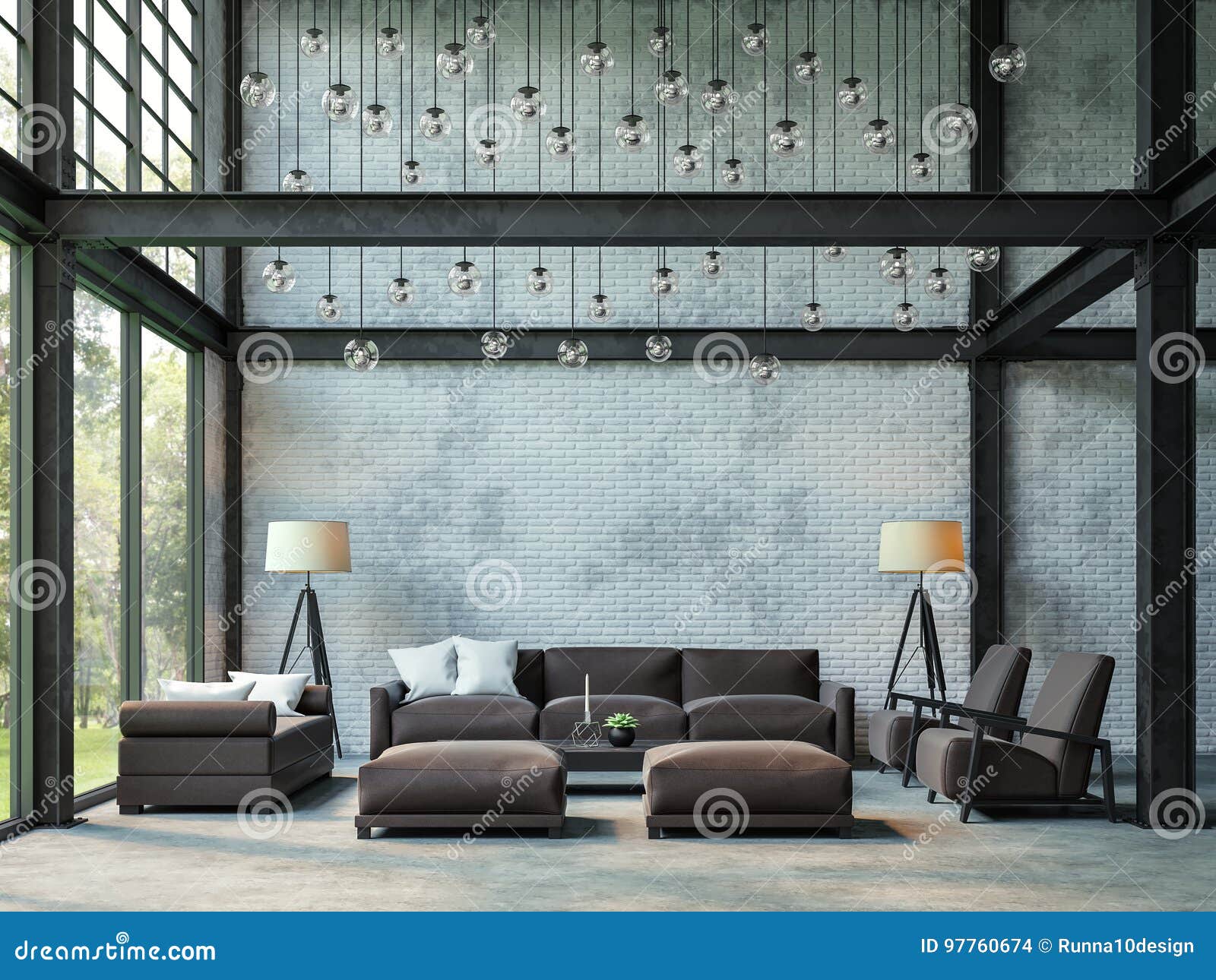 loft style living room 3d rendering image.