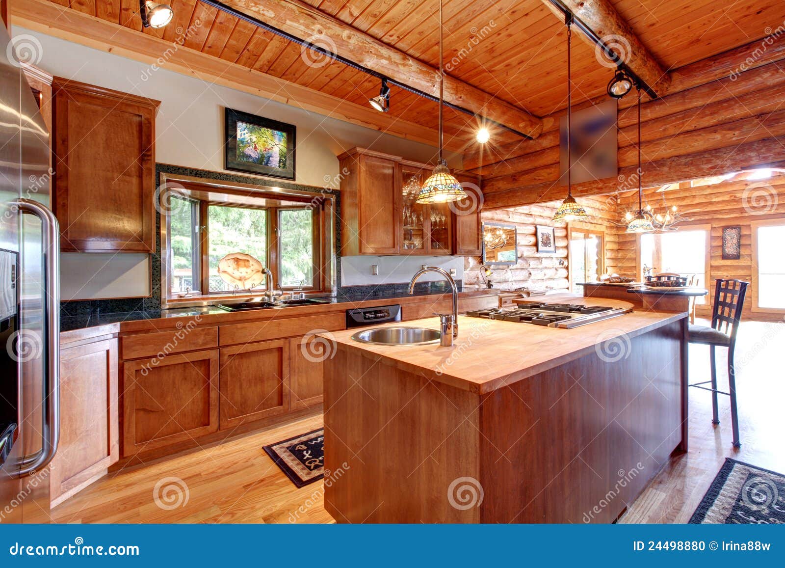 Log Cabin Large Kitchen Interior. Stock Photo - Image 