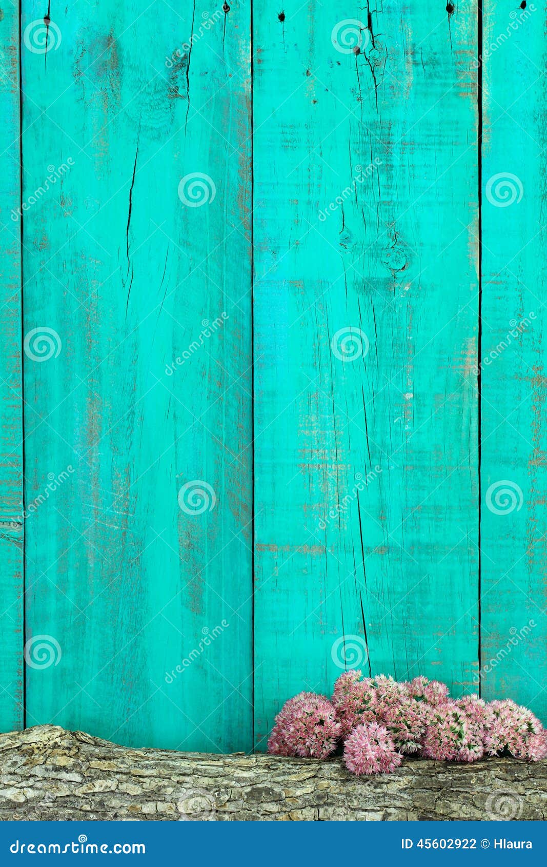 Log And Pink Flowers Border Antique Teal Blue Wooden Fence 