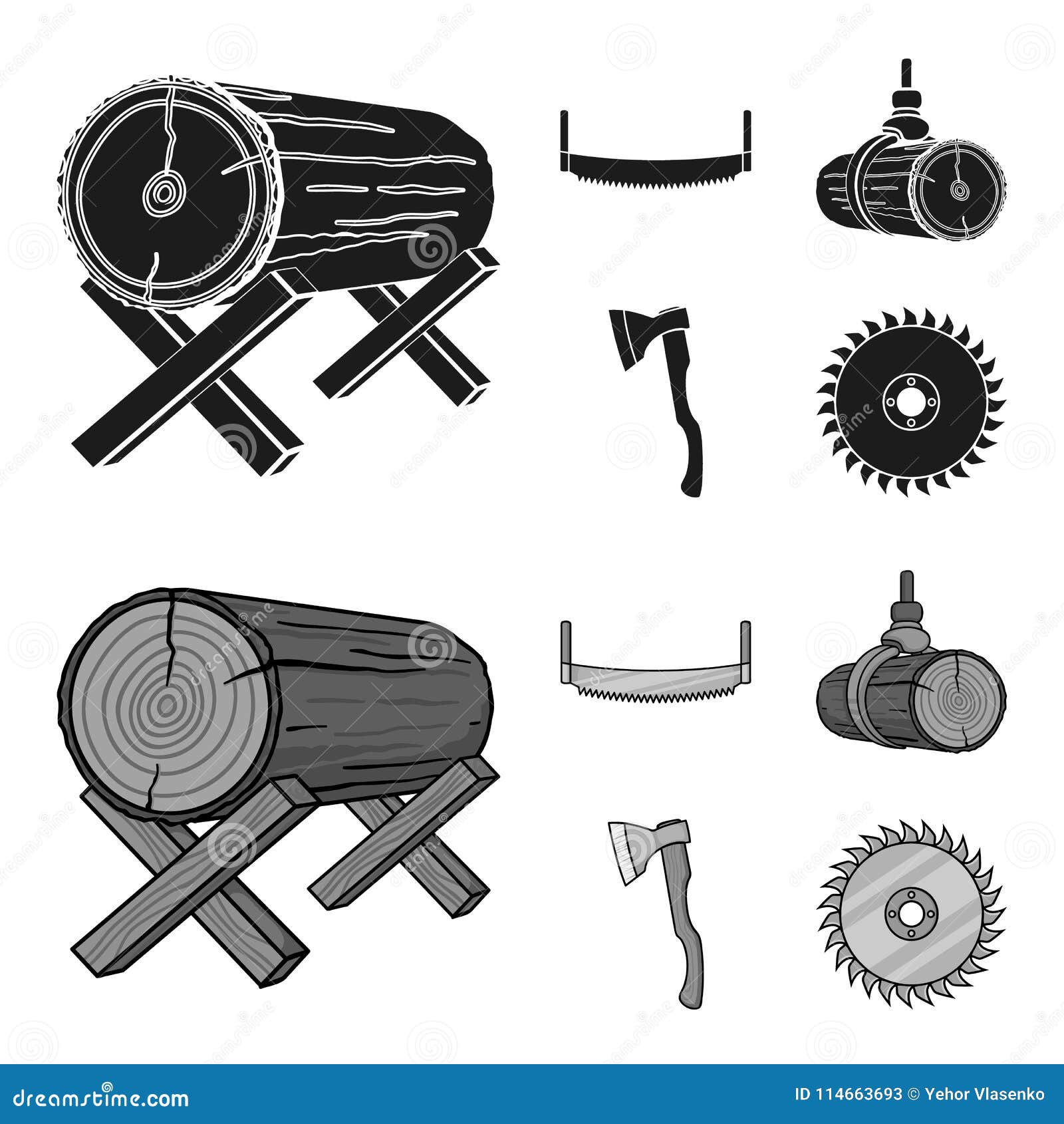 log on supports, two-hand saw, ax, raising logs. sawmill and timber set collection icons in black,monochrom style 