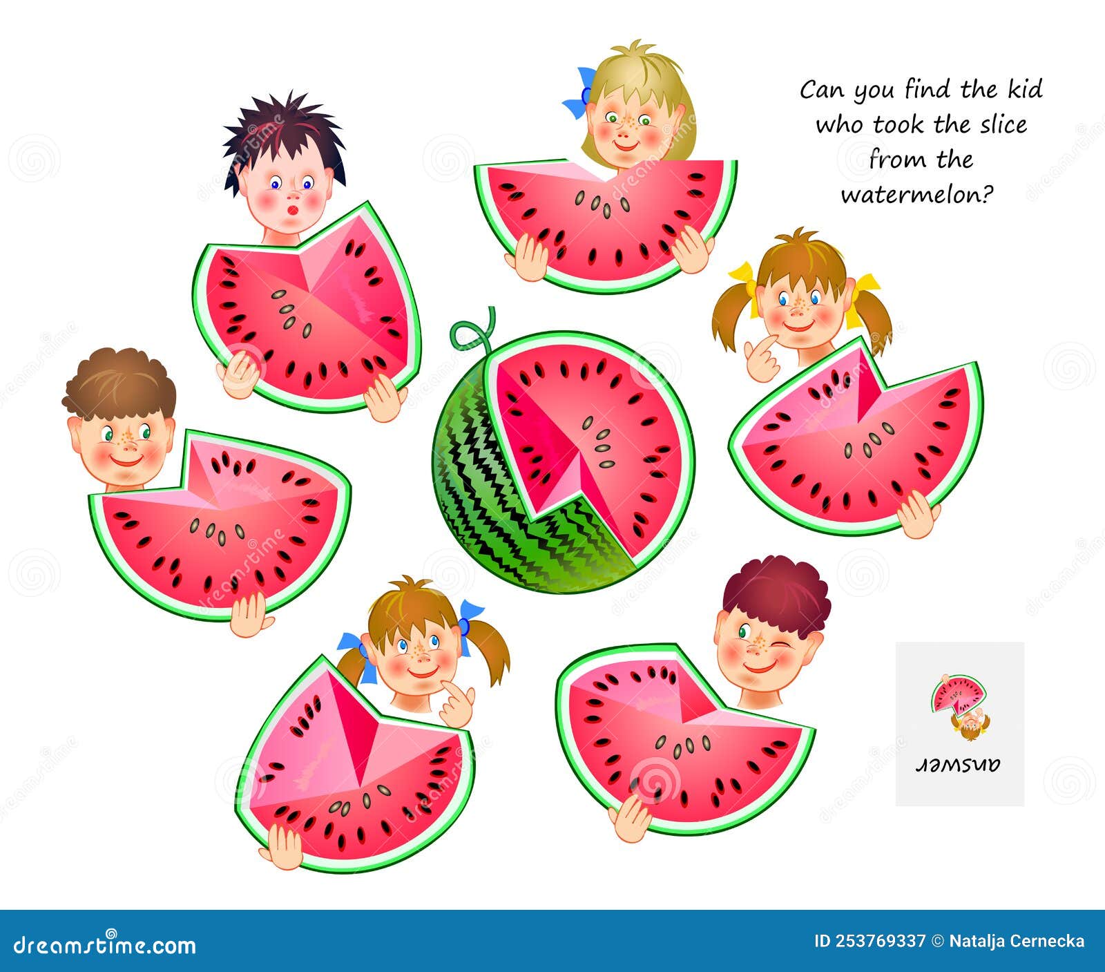 logic game for smartest. 3d puzzle. can you find the kid who took the slice from the watermelon? play online. developing spatial