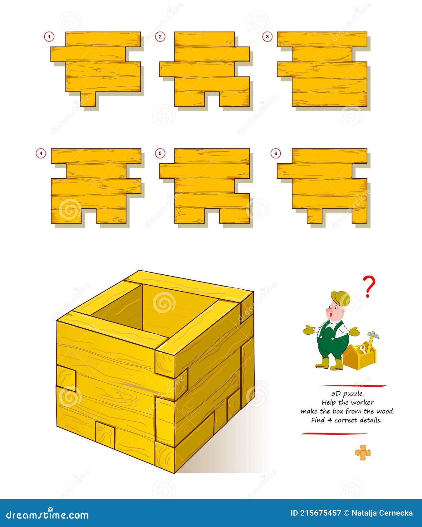 logic game for smartest. 3d puzzle. help the worker make the box from wood. find 4 correct details. brain teaser book. play online