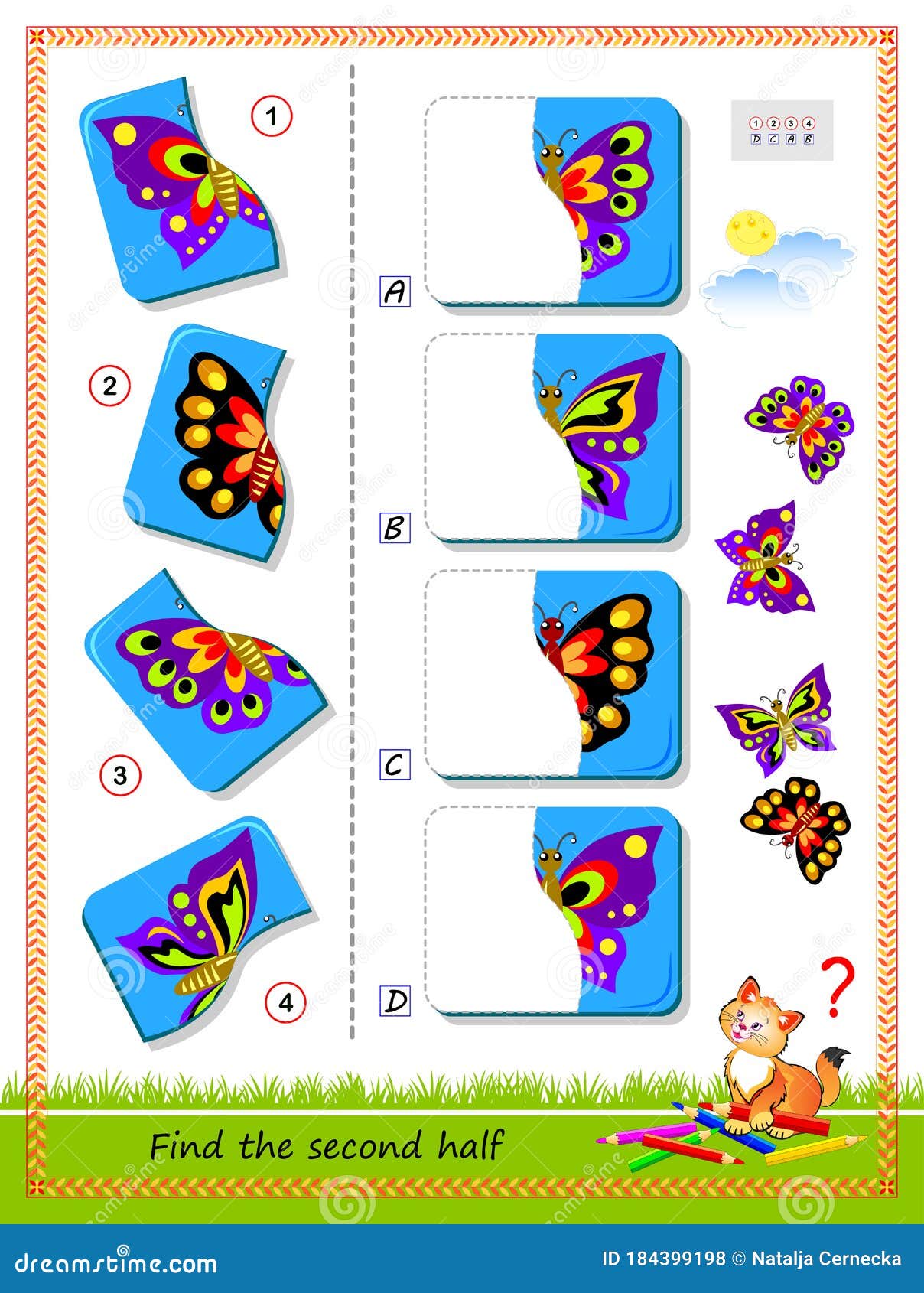 Logic Puzzle For Children. Find And Draw Second Half Of Each Butterfly.  Educational Page For Kids. Iq Test. Kids Activity Sheet Stock Vector -  Illustration Of Sheet, Exercise: 184399198