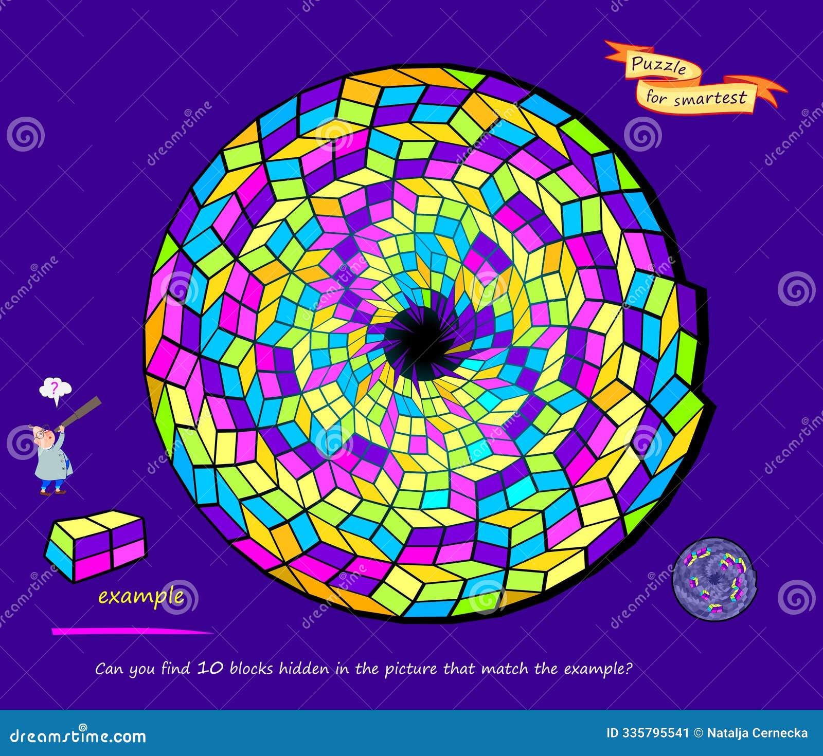 logic puzzle game for children and adults. can you find 10 blocks hidden in the picture that match the example? develop spatial