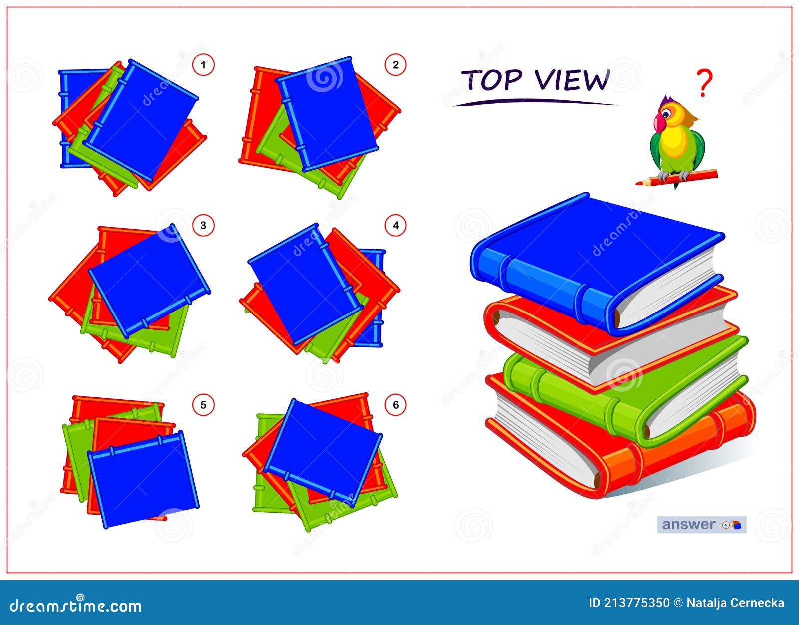 logic puzzle game for children and adults. 3d maze. need to find correct top view of books. printable page for brain teaser book.