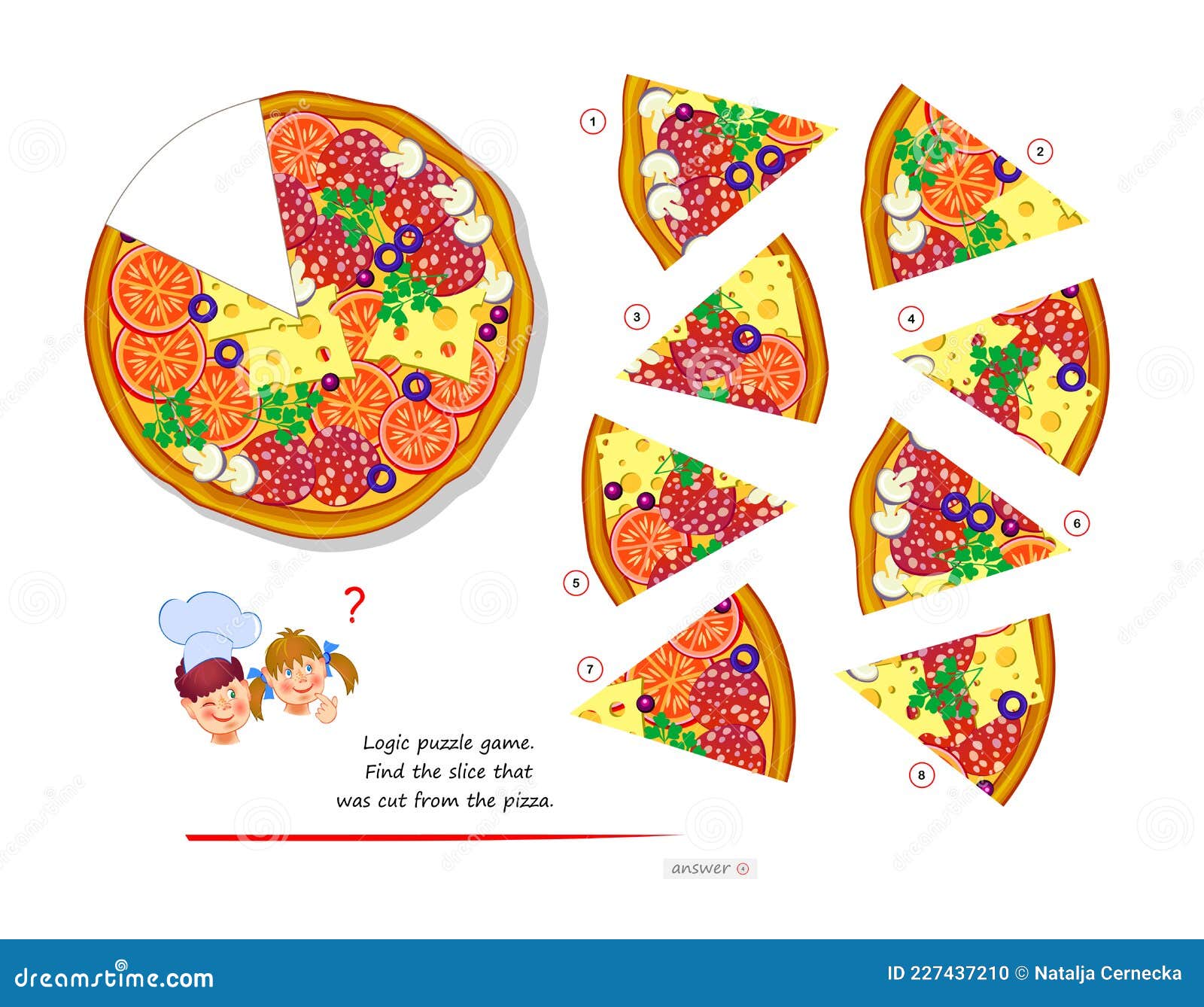 logic puzzle game for children and adults find the slice that was cut from the pizza printable page for kids brain teaser book stock vector illustration of book pizza 227437210
