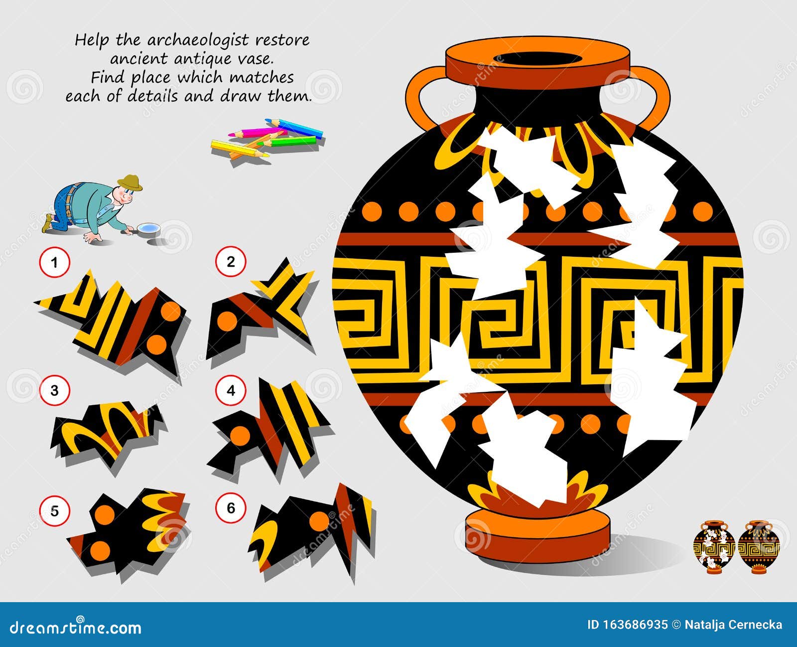 logic puzzle game for children. help archaeologist restore ancient antique vase. find place which matches each of details.