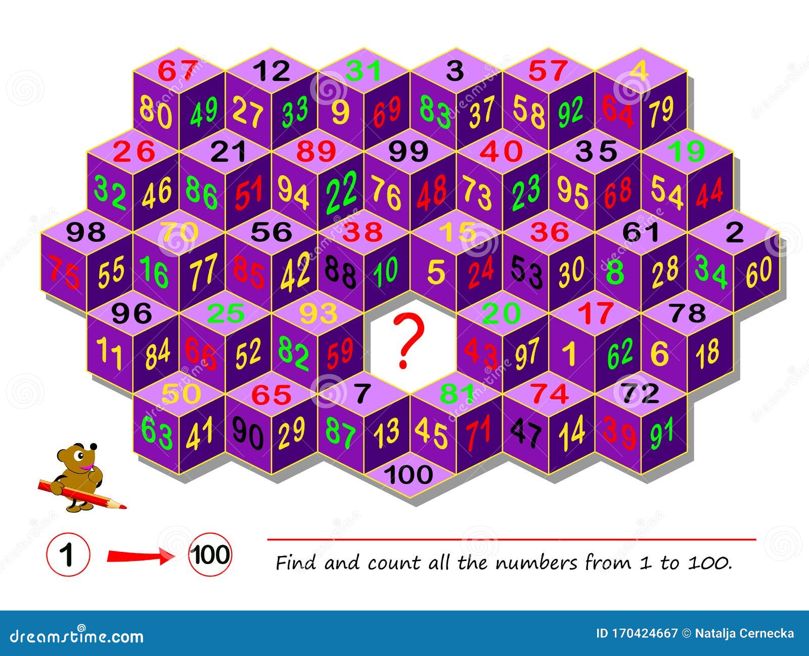 logic puzzle game for smartest. find and count all the numbers from 1 to 100. task for attentiveness.