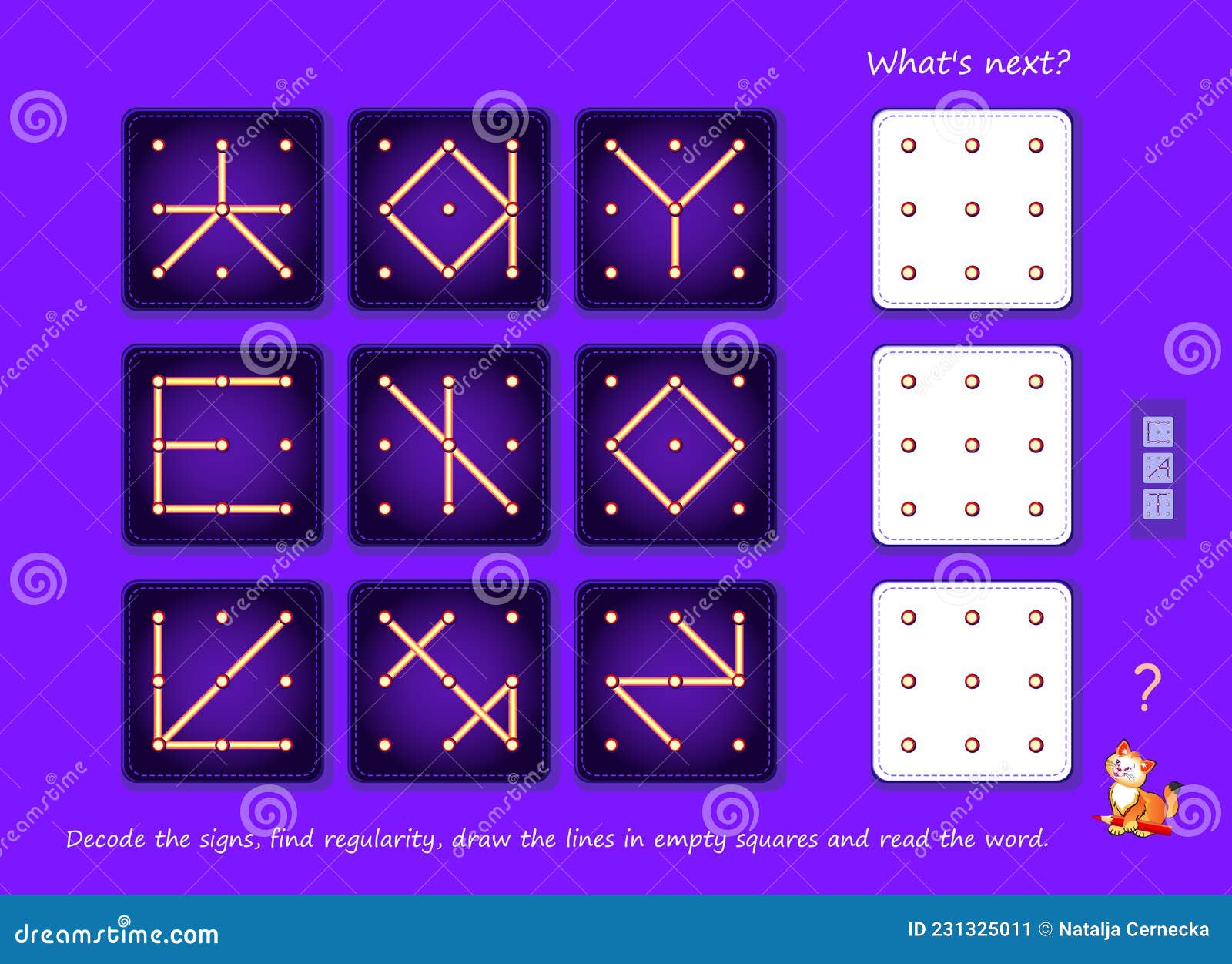 logic puzzle game for smartest. what`s next? decode the signs, find regularity, draw the lines in empty squares and read the word