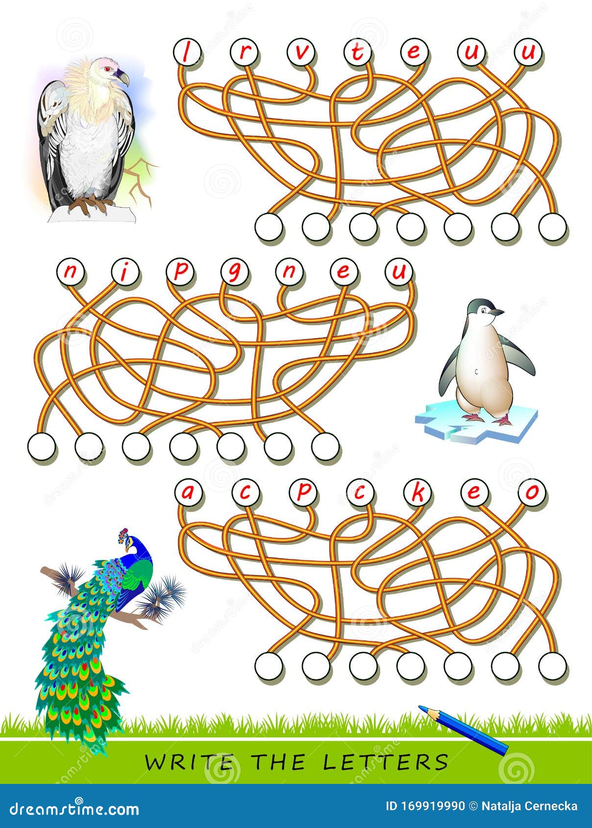 logic puzzle game for study english with labyrinth. find correct places and write the letters. read the words.