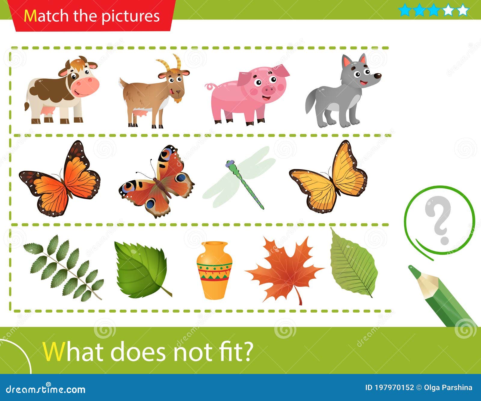 Logic Puzzle for Kids. What Does Not Fit? Farm Animals. Butterflies. Tree  Leaves. Education Game for Children. Worksheet Vector Stock Vector -  Illustration of educational, matching: 197970152