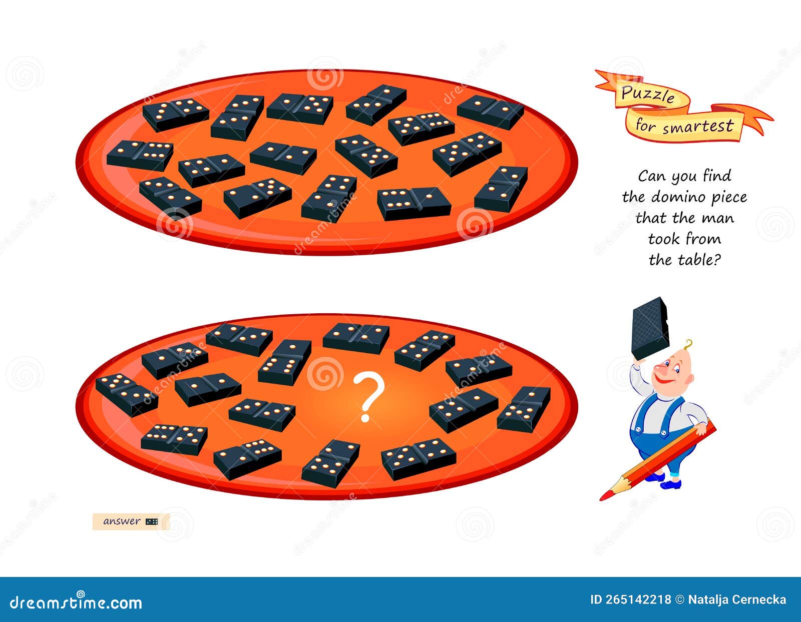 logic puzzle for smartest. can you find the domino piece that the man took from the table? educational game. page for kids brain