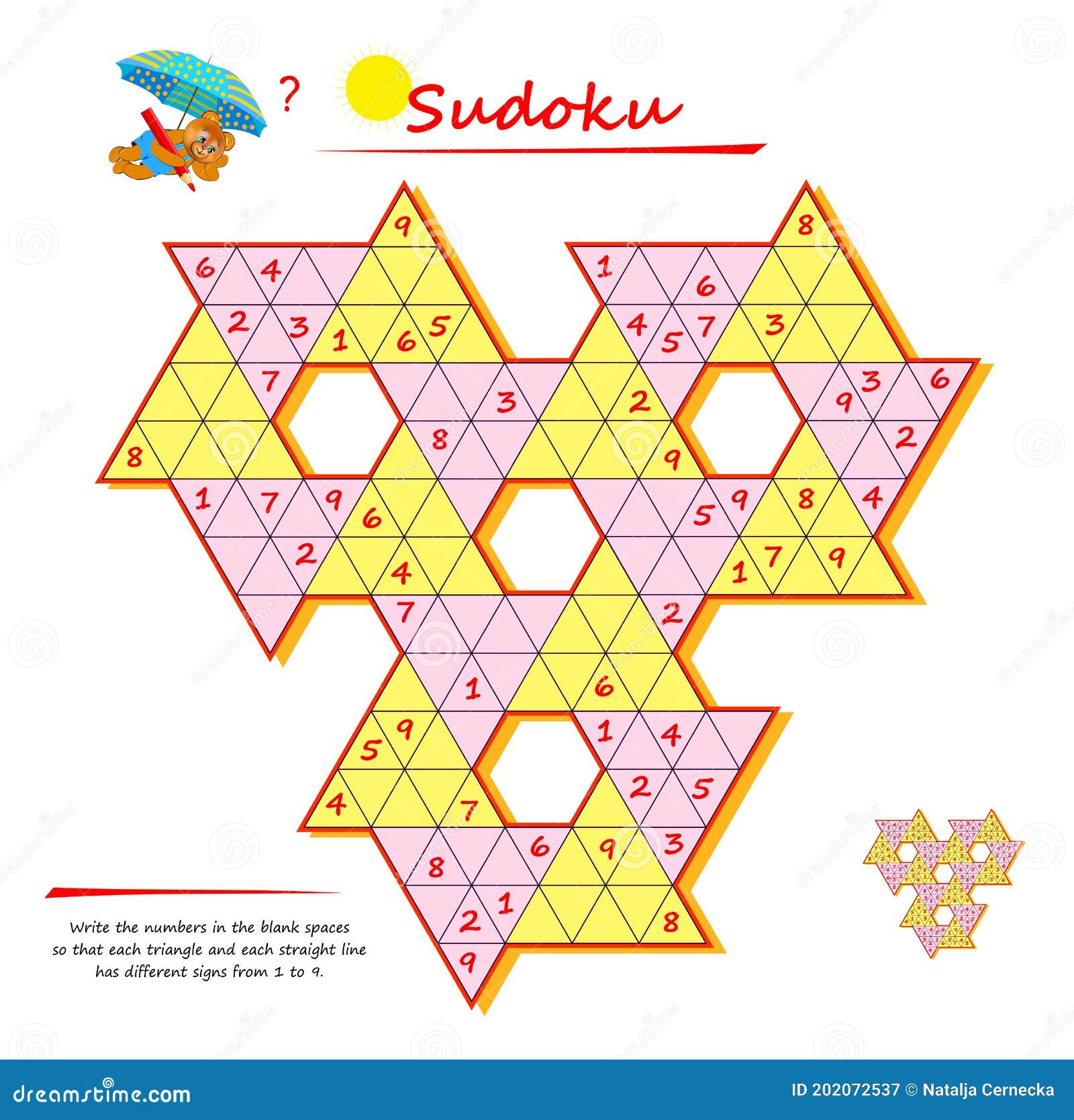 Logic Sudoku Puzzle Game For Smartest Write The Numbers In The Blank Spaces So That Each Triangle And Each Straight Line Has Stock Vector Illustration Of School Play