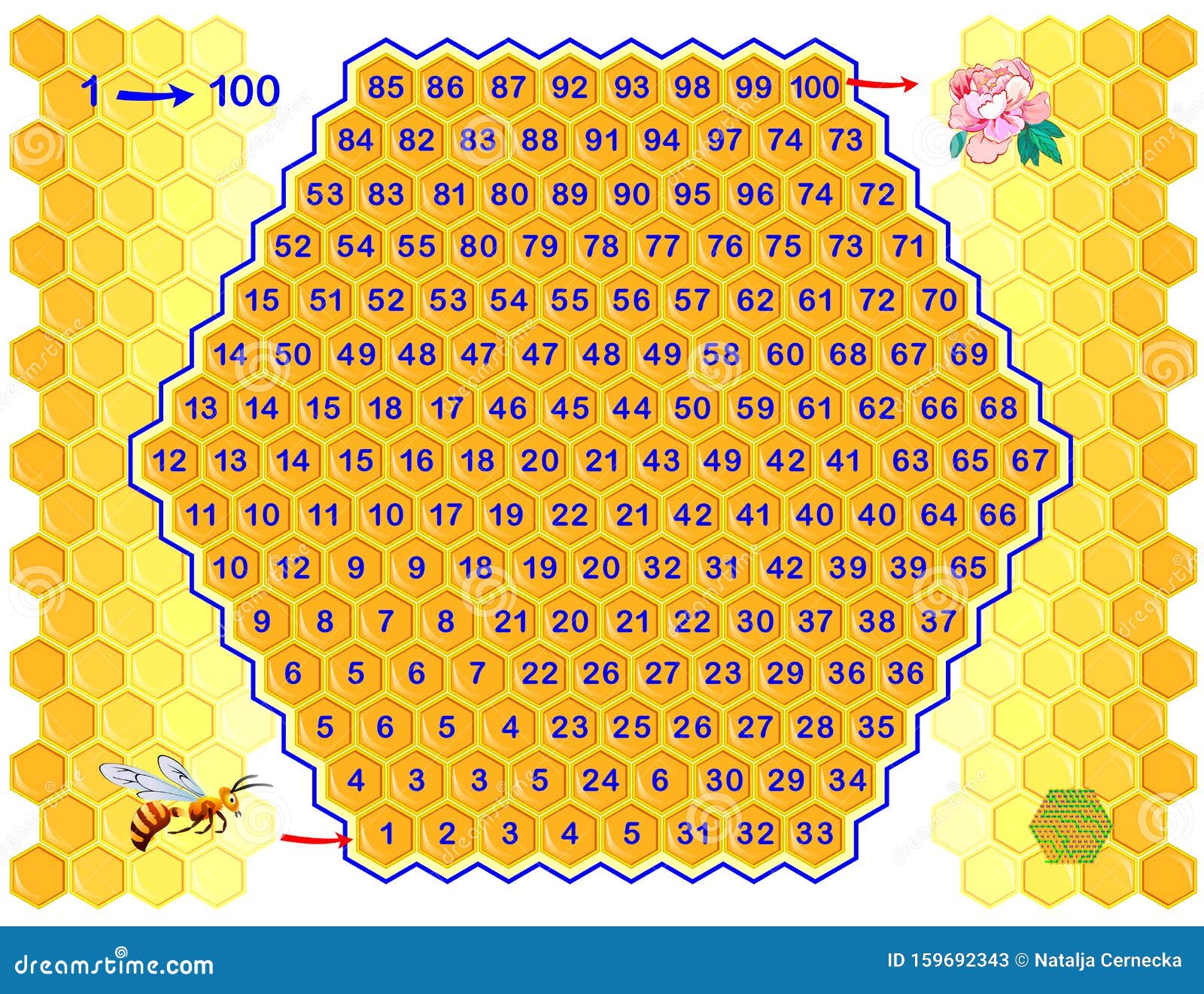 logical puzzle game with labyrinth for children and adults. find way from number 1 till 100.