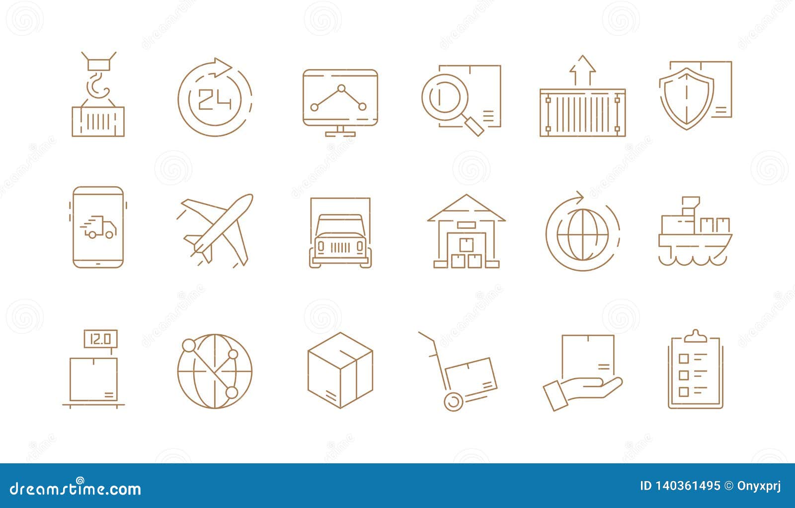 logistic thin s. delivering boxes and transport van free shipment sea freight  outline icons collection