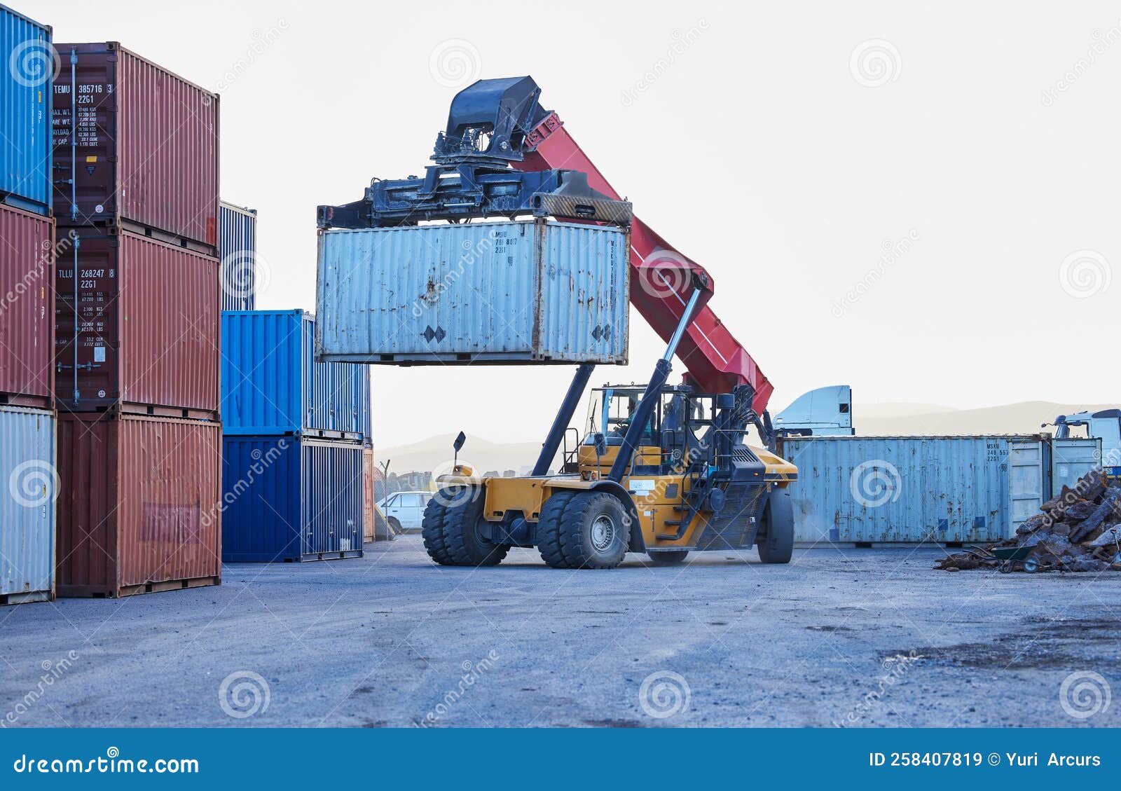 Logistics, Cargo and Forklift with Container with Stock for Delivery in an Industrial Port