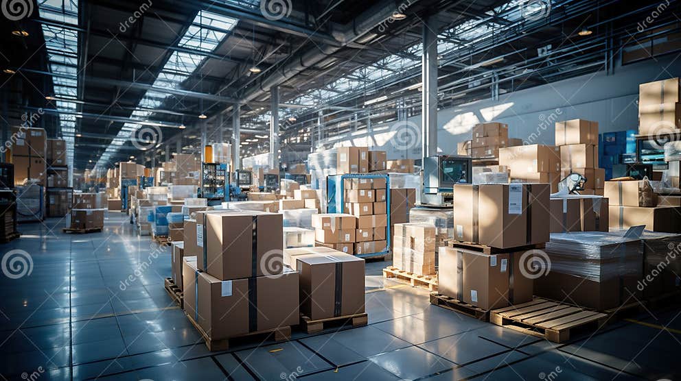 Logistics Hub Warehouse with Boxes and Parcels Ready for Distribution