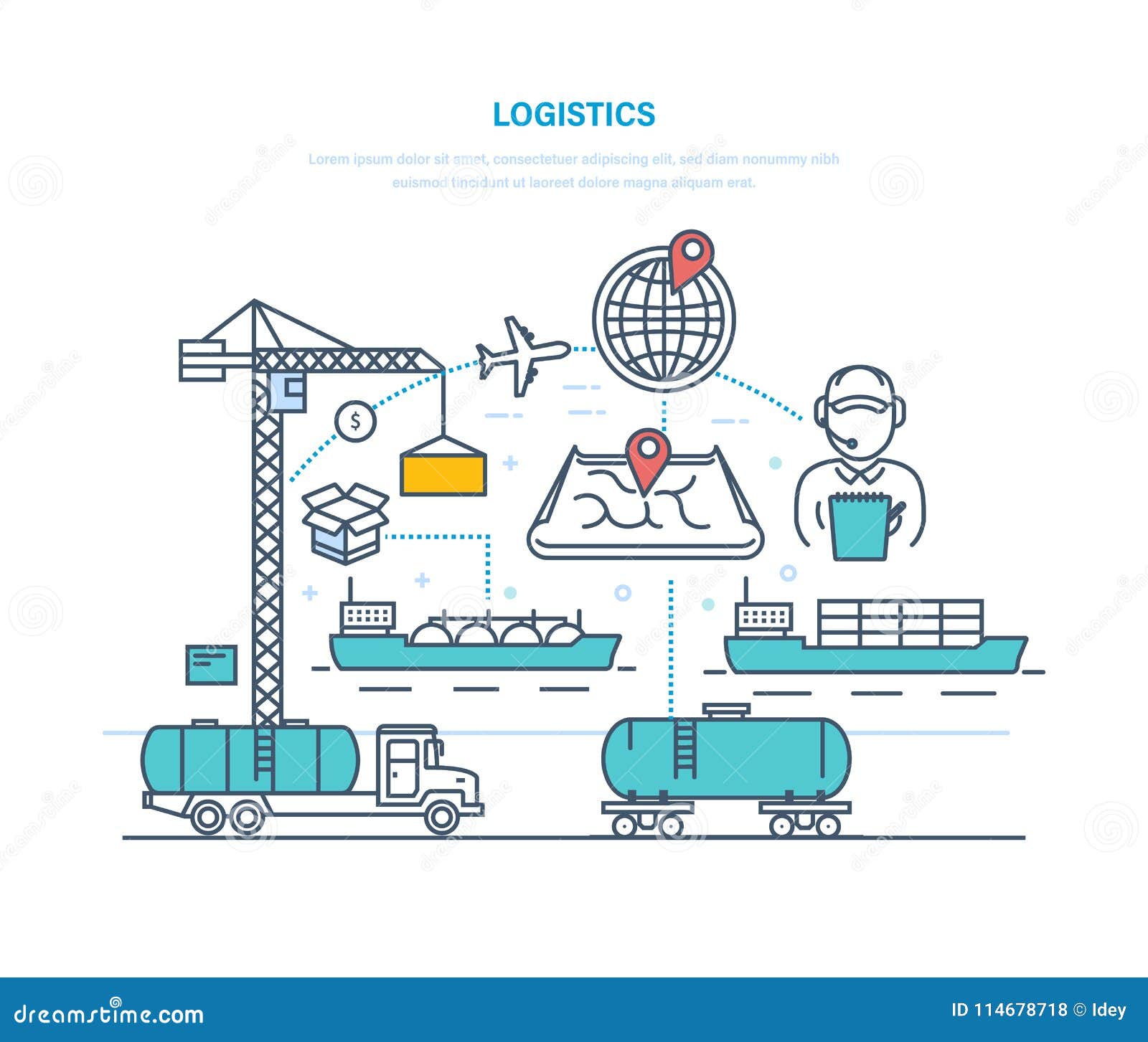 logistics. organization delivery, transporting cargo, selecting transport, optimizing route.