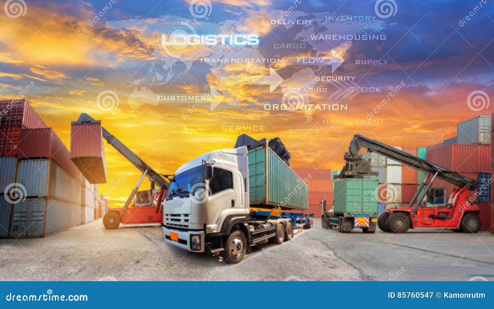 Logistics Supply Chain on Screen with Industrial Container Cargo Stock