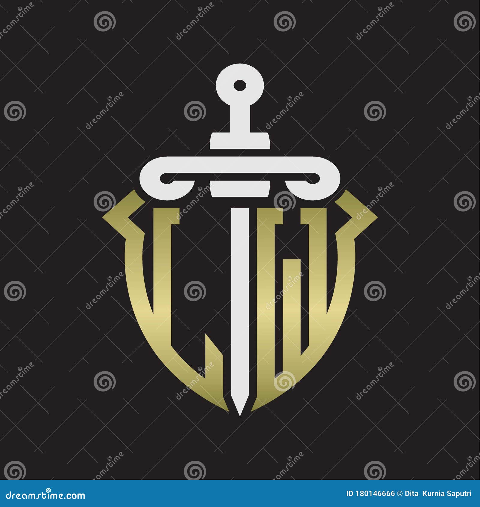 lw logo monogram with sword and shield combination  with gold colors