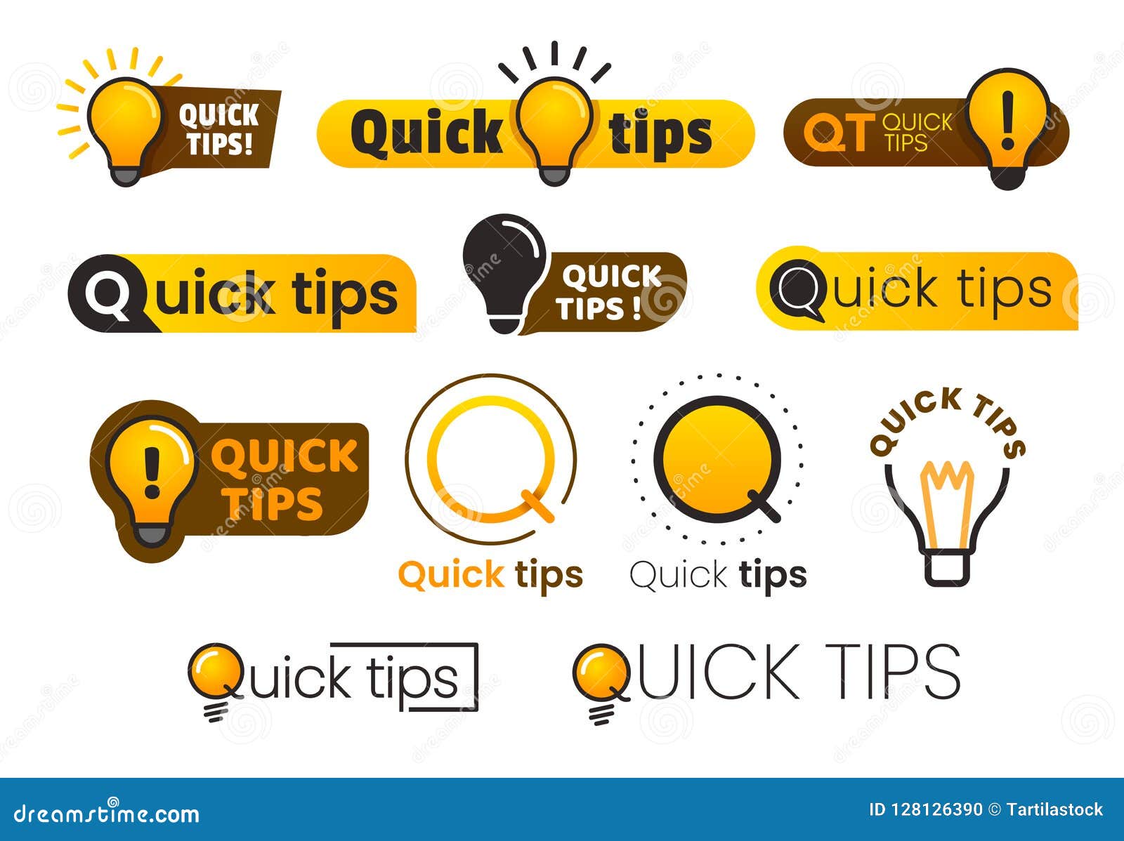 logo quick tips. yellow lightbulb icon with quicks tip text. lamp of advice idea  banner set