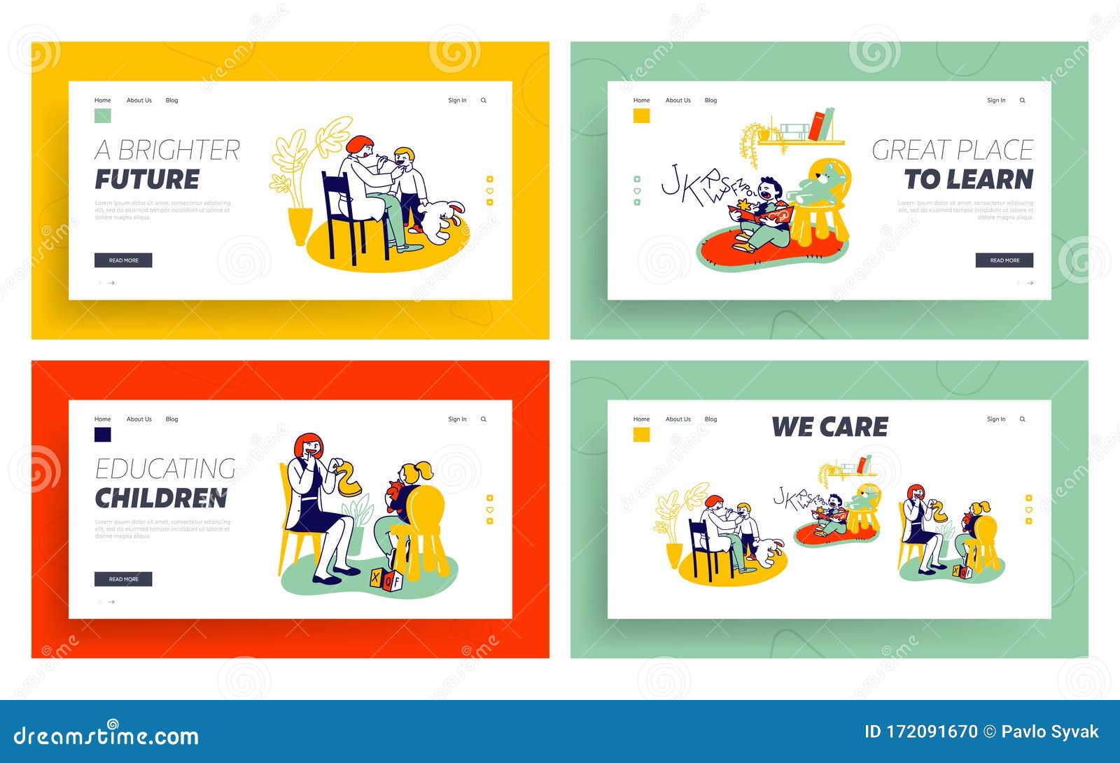 logopedist practicing with kids website landing page set. doctor looking on tongue of little baby with dyslexia problems