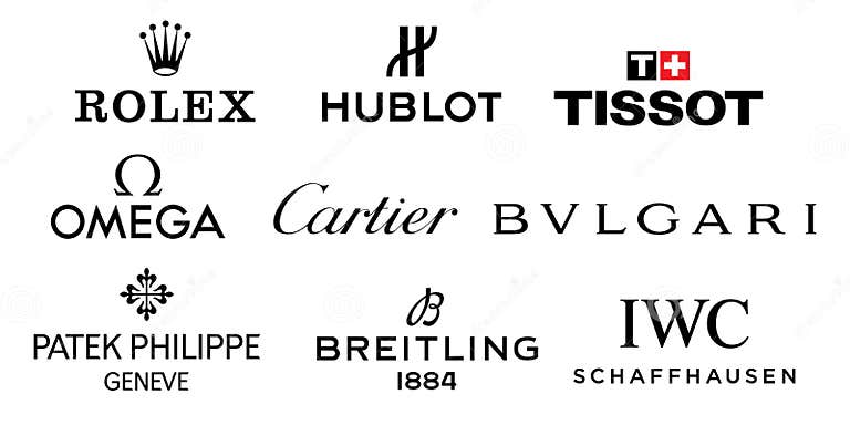 Logos of World Watch Brands. Rolex, Hublot, Tissot, Omega, Cartier ...