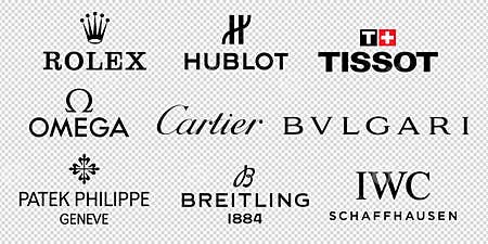 Logos of World Watch Brands. Rolex, Hublot, Tissot, Omega, Cartier ...